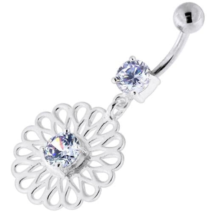 Center Jeweled Fancy Flower Pattern Navel Belly Piercing