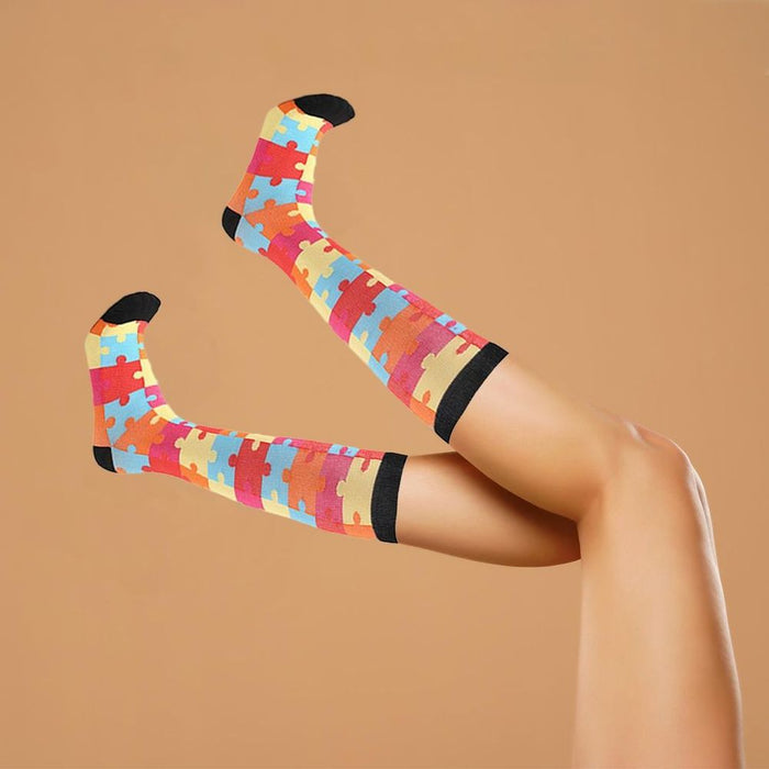 Flo Fashion Bright Pattern Knee-High Compression Sock, Puzzle, L/XL