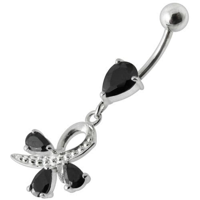 Silver  Pear Jeweled Dangling SS Belly Ring Body Jewelry