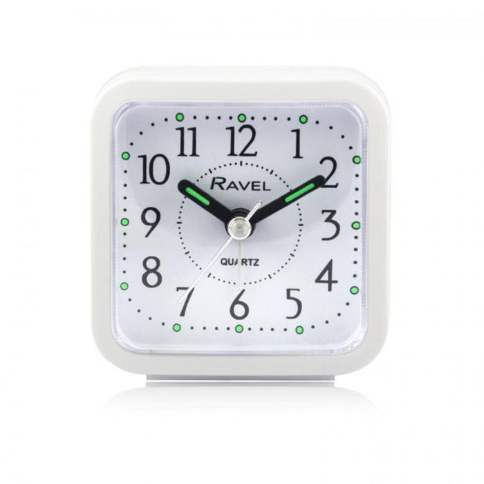 Premium Ravel Mini Quartz Alarm Clock - Easy-Read Dial, Luminous Hands - White