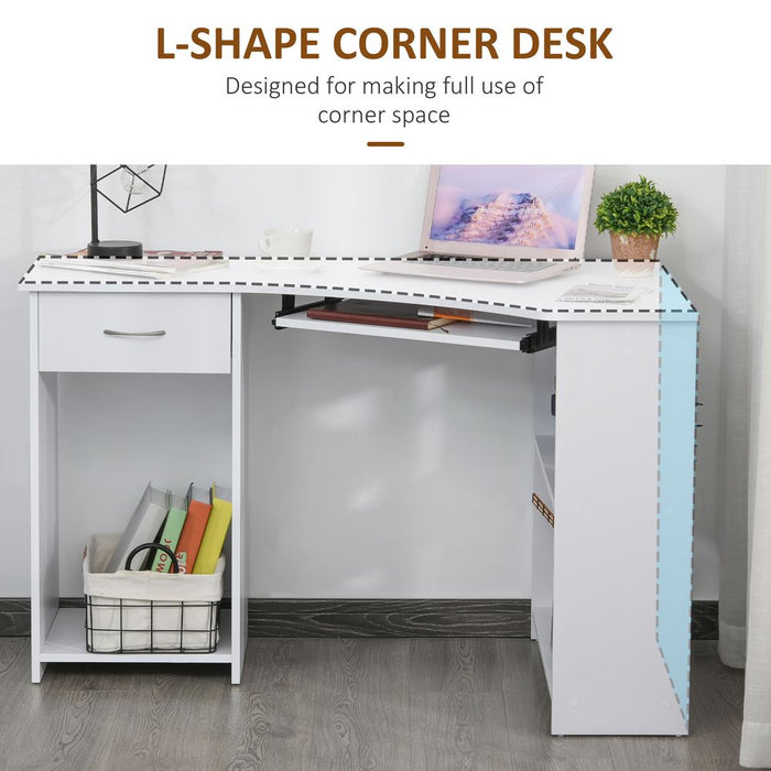 L-Shaped Corner Computer Desk w/ 2 Shelves Worktop Keyboard Tray White