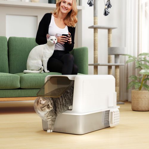 PawHut Stainless Steel Cat Litter Box with Removable Lid & Scoop, White