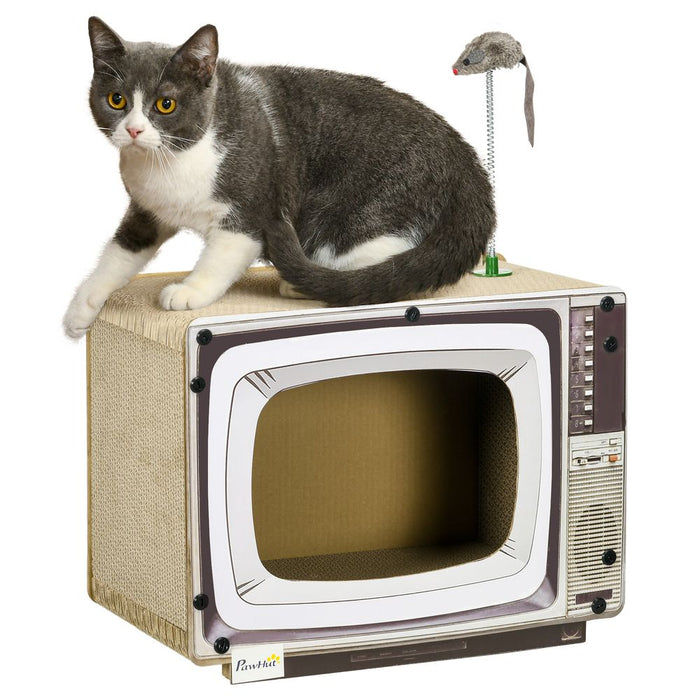 PawHut TV-Shaped Cardboard Cat House with Scratcher, Catnip, Toy Rat