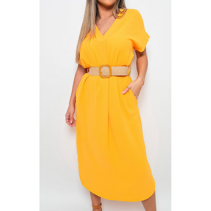 Timeless V-Neck Midi Dress: Half-Sleeve & Flattering Design