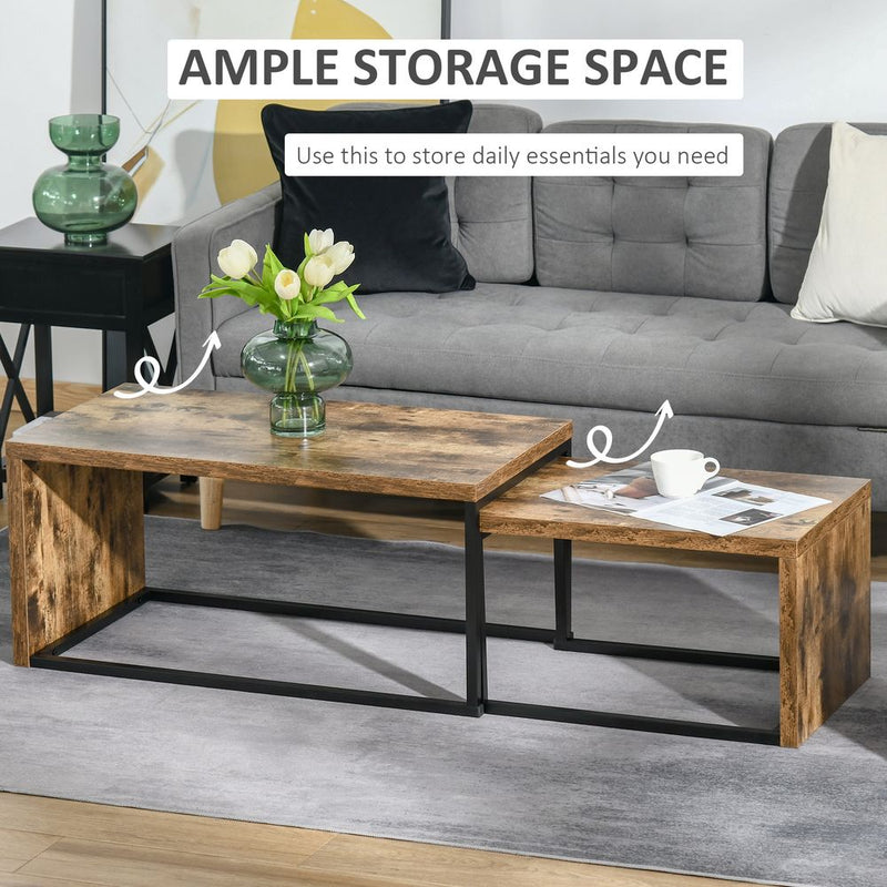 HOMCOM Coffee Tables Nesting Table Set of 2 Side Table w/Metal Frame for Living Room Bedroom Black & Brown