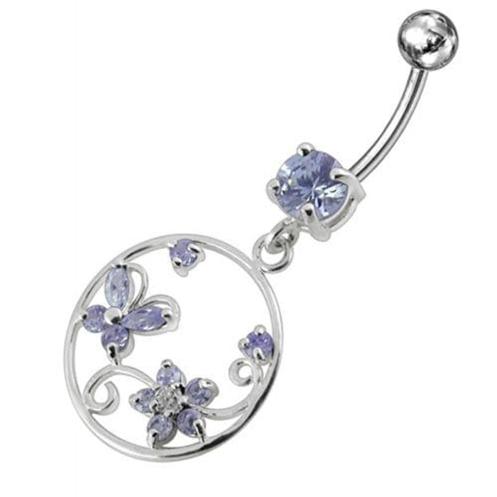 Jeweled Fancy Silver Dangling SS Curved Bar Belly Ring