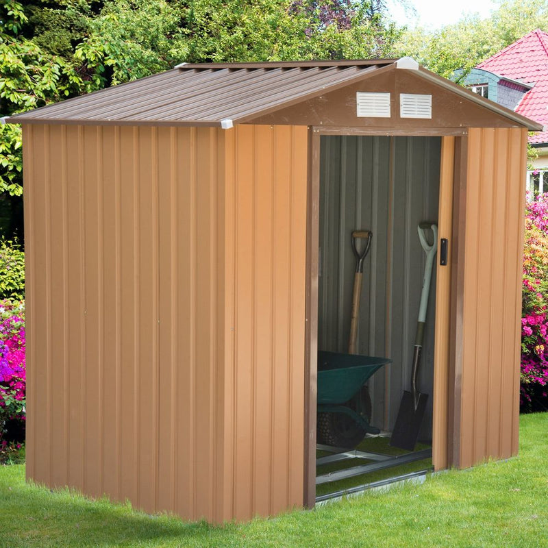 Lockable Garden Shed Large Patio Roofed Tool Metal Storage Sheds Box Khaki