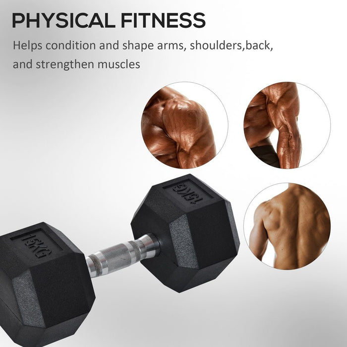 HOMCOM 15KG Single Rubber Hex Dumbbell - Portable Hand Weights for Home Gym