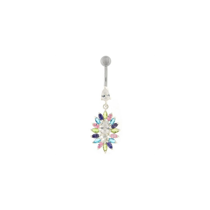 Jeweled Dangling Fancy  Glitter Flower SS Banana Bar Belly Ring Body Jewelry