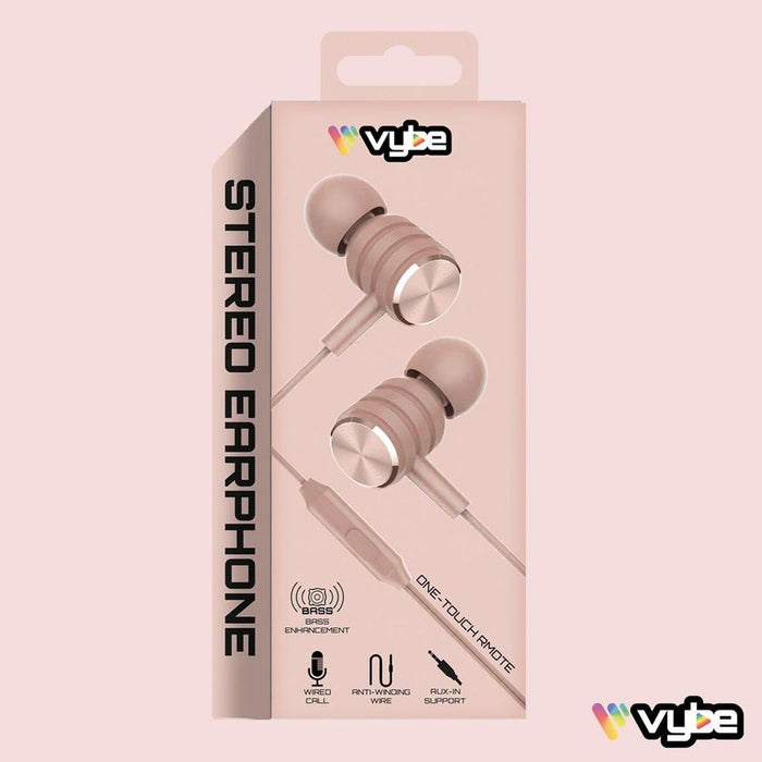 Vybe Bass Enhancer Earphones - One-Touch Remote, AUX-in, Stereo - Pink