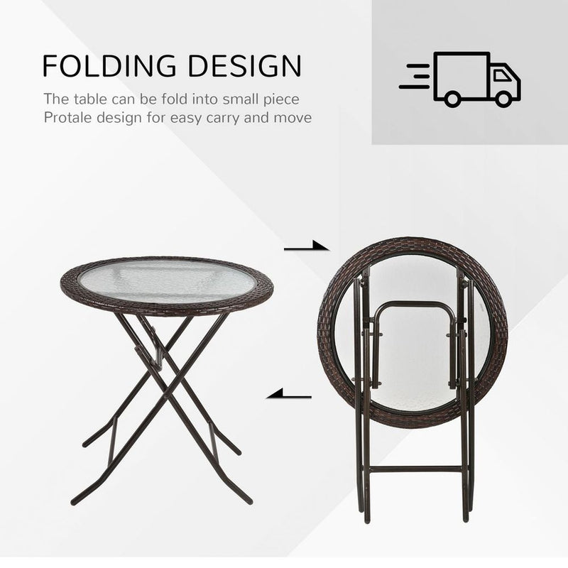 Premium Outsunny Round Glass Metal Table - Folding & Weatherproof - Brown Rattan Edging