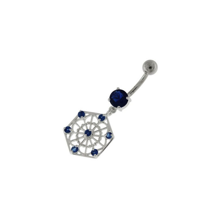 Sterling Silver Jeweled Hexagon Cut out Navel Bar