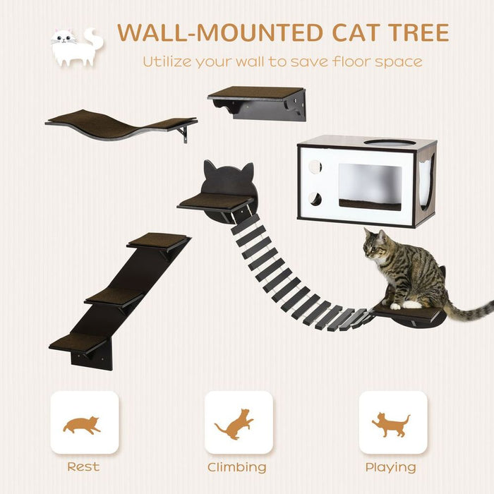 Premium 5-Piece Cat Wall Shelves w/ Curved Platform, Cat House, Bridge, Stairs ? Best Quality!