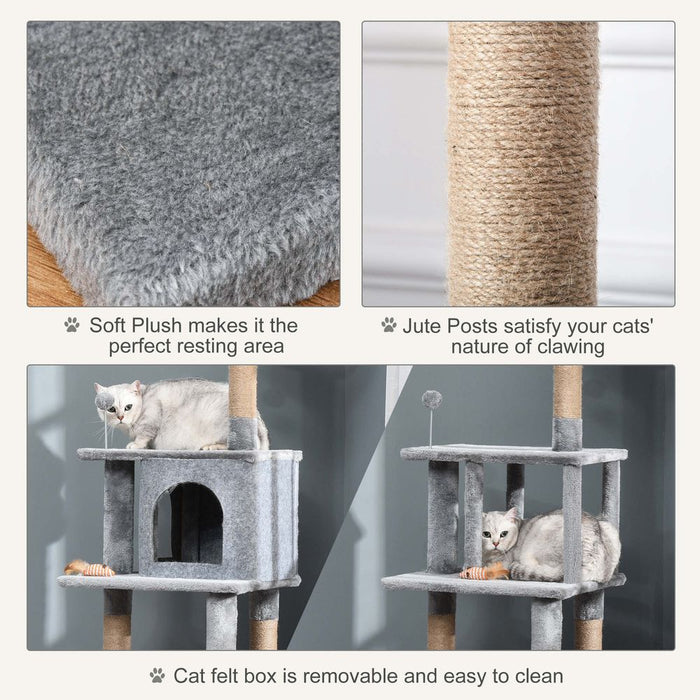 PawHut Cat Tree Tower 142cm Climbing Kitten Activity Center with Jute Scratching Post Board Perch Roomy Condo Removable Felt Hanging Toy, Grey