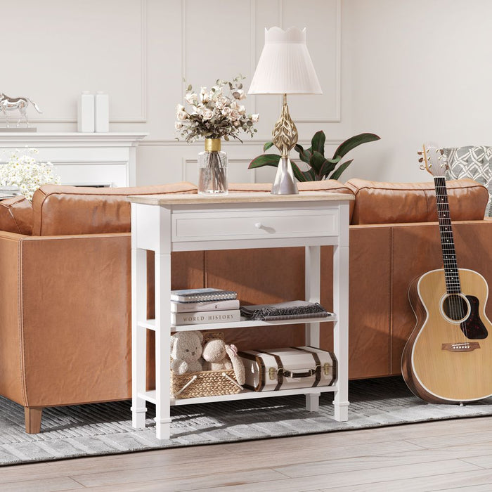 Stylish White MDF Console Table-Drawer & Shelves Storage-Oak Worktop-Balanced Legs