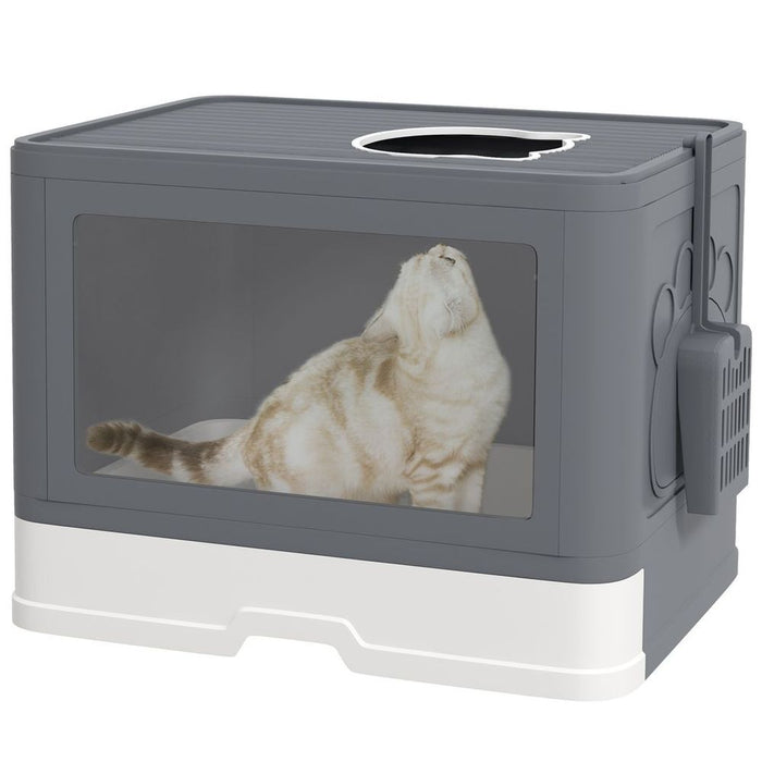 PawHut Hooded Cat Litter Tray - Front Entry, Top Exit, Scoop, Brush