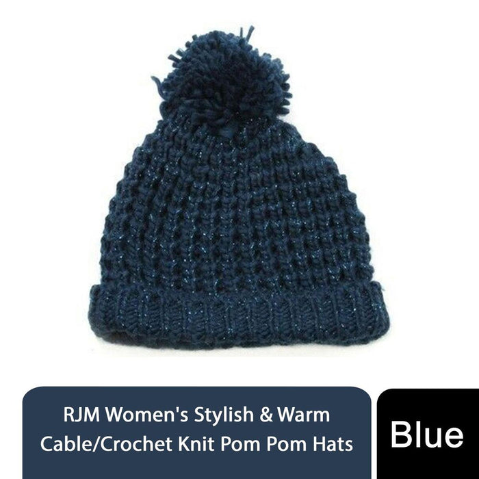 Stylish Ladies Winter Knitted Beanie with Pom Pom - Grey or Blue