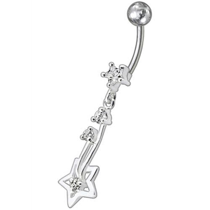 Silver Fancy Star Jeweled Dangling With SS Bar Navel Ring