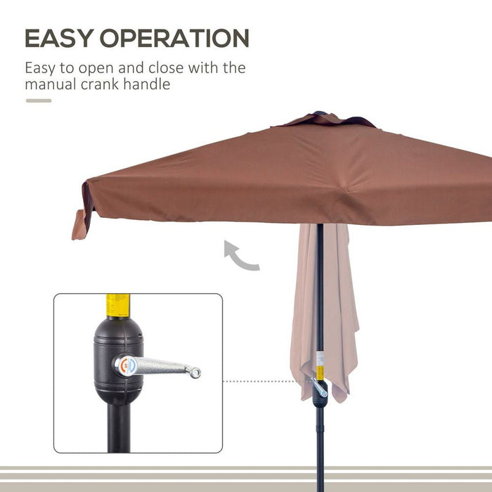 Premium Metal Half Round Garden Umbrella w/ Crank - Brown | Outsunny