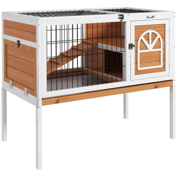 PawHut Wooden Rabbit Hutch, Small Animal House with Removable Tray,Openable Roof