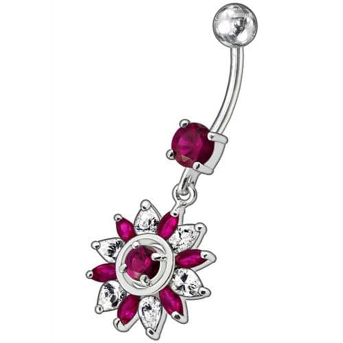 Fancy  White Royal Flower Jeweled Dangling SS Bar Belly Ring