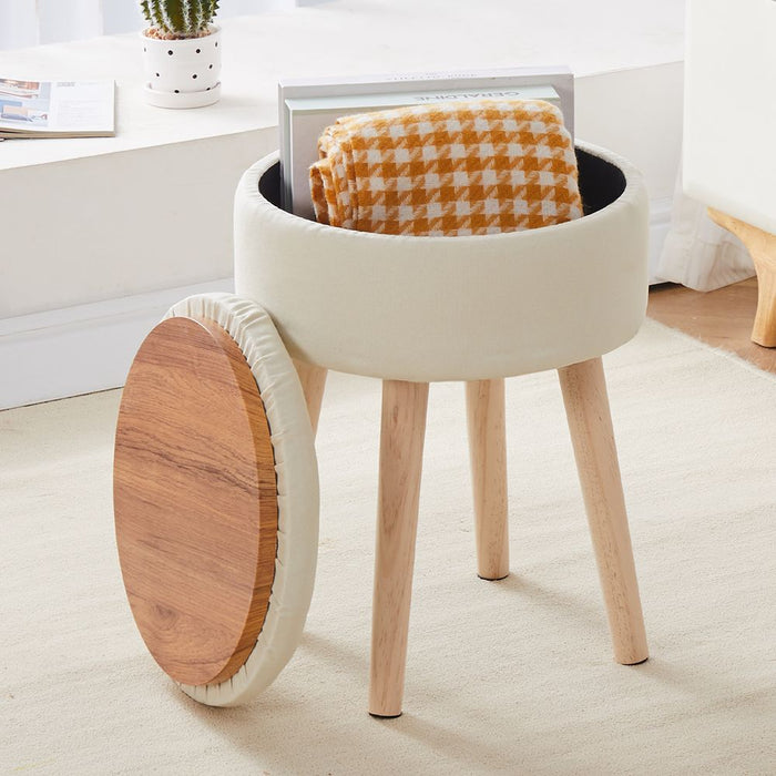 Storage Ottoman Linen Round Vanity Stool Tray Top Modern Foot Stool with Wood Legs Multifunctional Upholstered Foot Ottoman Rest for Living Room, Bathroom, Makeup White