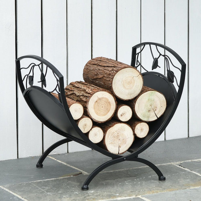 Iron Folding Arced Firewood Log Holder w/ Leaf Scroll Panels Stacker Black