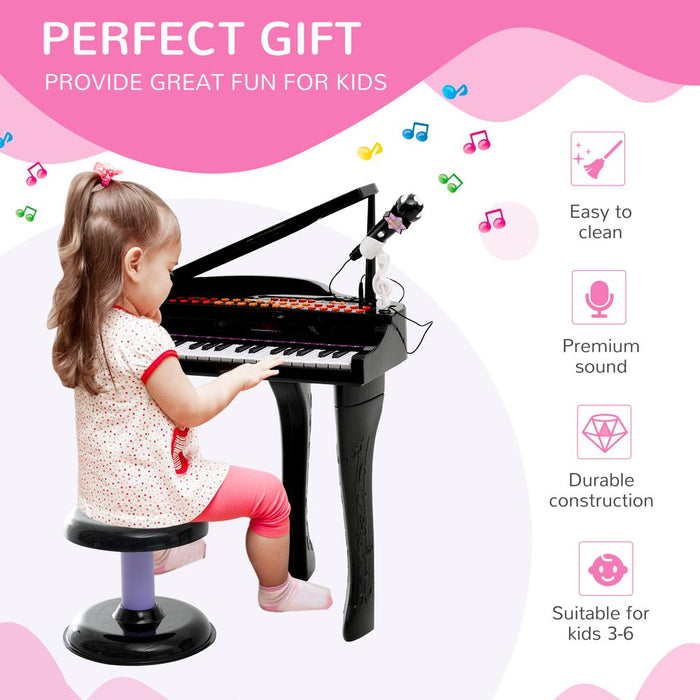 37 Key Mini Piano Keyboard w/ Microphone & Stool | Black | Safe & Durable | Interactive | Connects to MP3 & USB | Ages 3-6