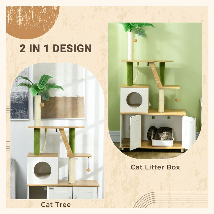 Premium Oak 2-in-1 Cat Tree & Hidden Litter Box - PawHut