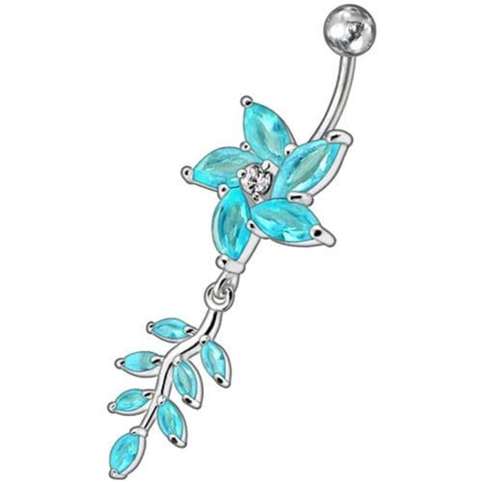 Fancy flower With Leafs Jeweled Silver Dangling Banana Belly Ring