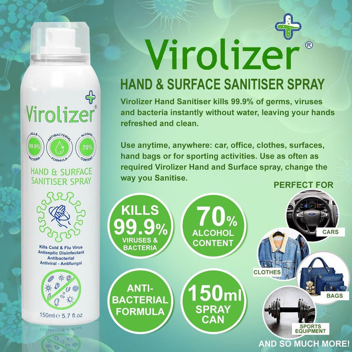 Virolizer Hand & Surface Sanitiser Spray 150ML - Kills 99.9% Bacteria - Antibacterial Formula - 70% Alcohol Content