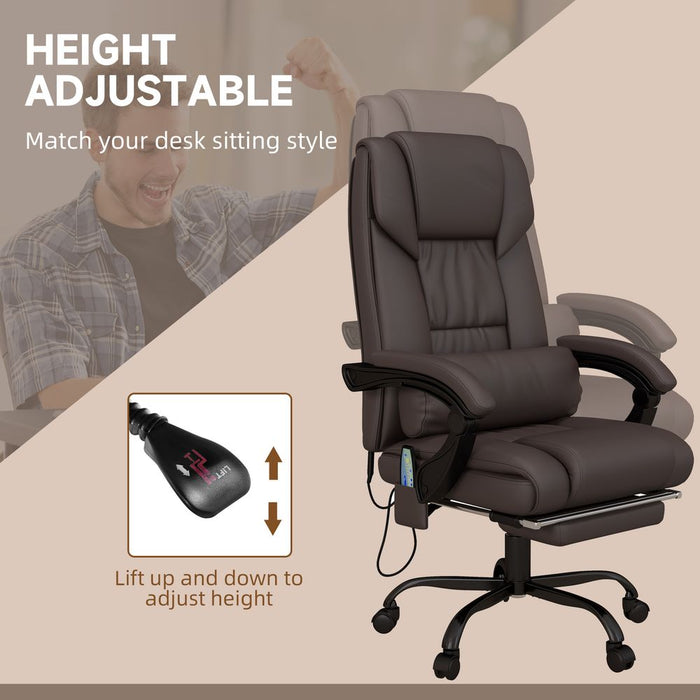 Ultimate Comfort & Style: PU Leather Massage Office Chair - 6 Vibration Points, Adjustable Height, Brown