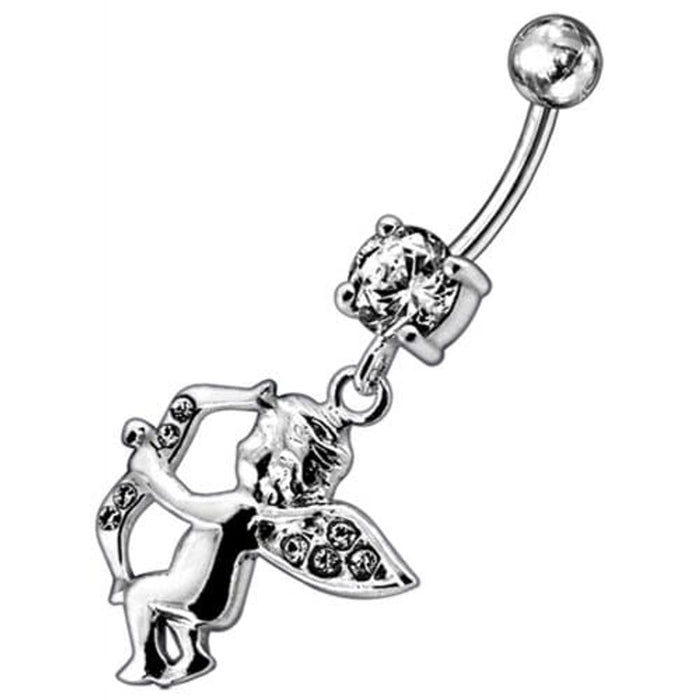 Jeweled Fancy  Angel Silver Dangling SS Bar Curved Belly Ring