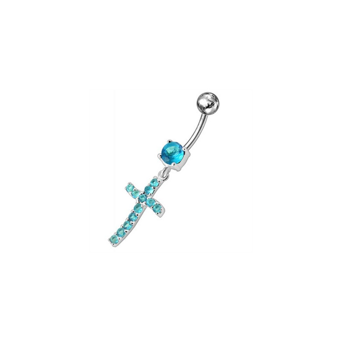 Sterling silver Jeweled Cross Dangling Navel Ring