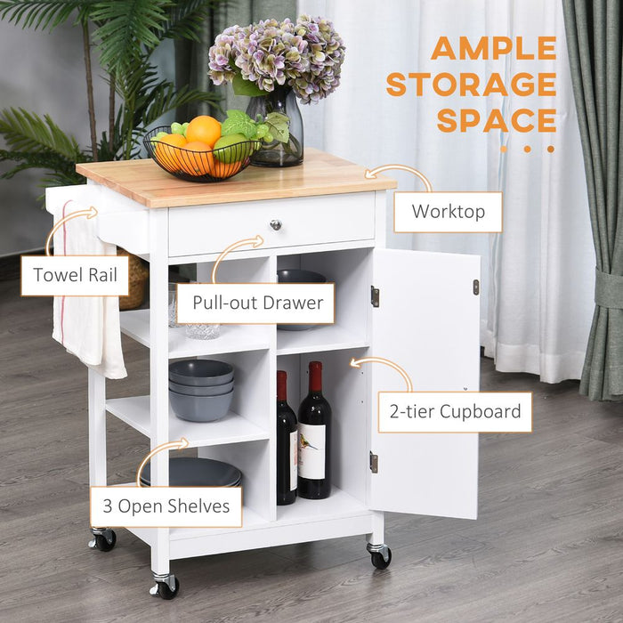 Stylish White MDF Kitchen Trolley: Storage, Shelves, Cupboard, Drawer, Hanging Rail