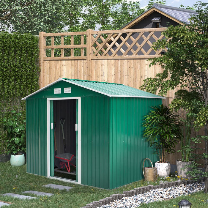 High-Quality Green Metal Garden Shed - 9x6ft Storage Container w/ Door & Roof - Buy Now!