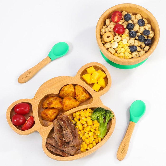 Premium Bamboo Monkey Plate Set – 4-Sectioned Plate, Bowl, & Spoon – Non-slip Base – Food-Grade Silicone – Easy to Clean