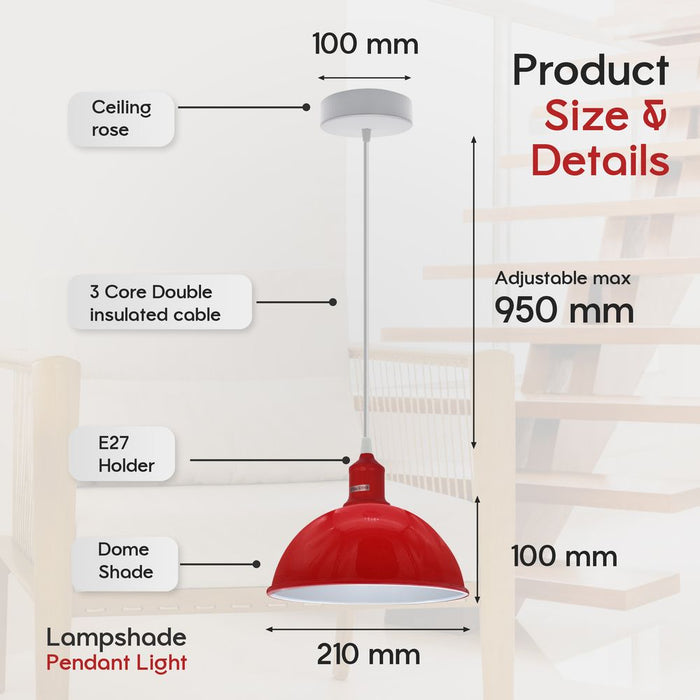 Dome Shaped Red Loft Pendant Lights 2Pack - Sturdy Metal Lamp Shade - 21cm Spray Painted Finish - Inner White - High Quality