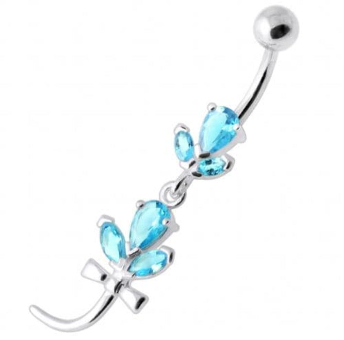 Tri Gems with tail Dangling Silver Belly Ring