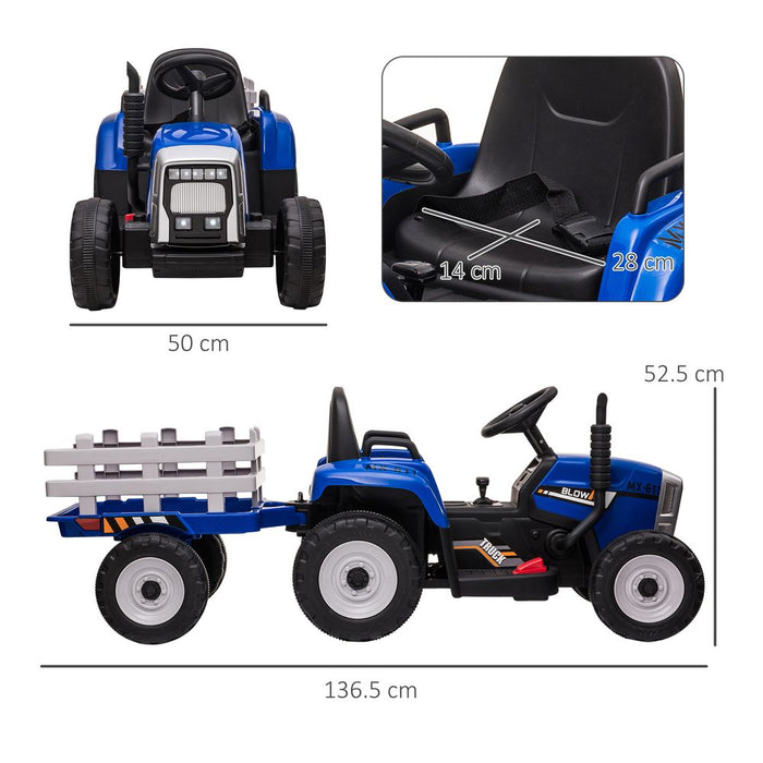 HOMCOM Ride on Tractor with Detachable Trailer, Remote Control, Music - Blue