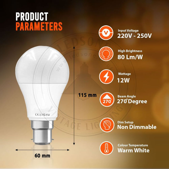 B22 12W Energy Saving Warm White LED Light Bulbs A60 B22 Screw-in non dimmable bulbs