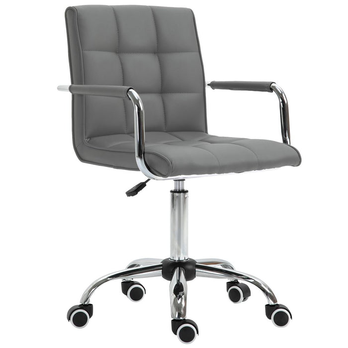 Comfortable Mid Back Swivel Home Office Chair - Grey PU Leather, Arm & Wheel - High Quality