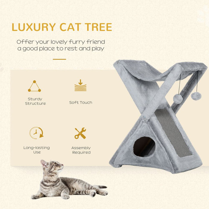 PawHut Two Tier Cat Tree for Indoor Cats Play Rest Activity Tower Plush Folding Relax Center w/Scratching Post Hammock Pom Poms Grey