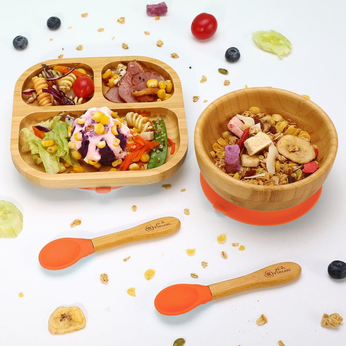 BPA-FREE BAMBOO BOWL & PLATE SET: Suction Base, Easy Clean, Anti-Scalding - Perfect for Balanced Meals!