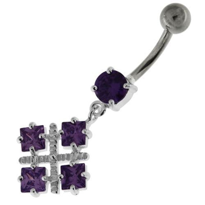 Four Square Jeweled Sterling Silver Navel Bar