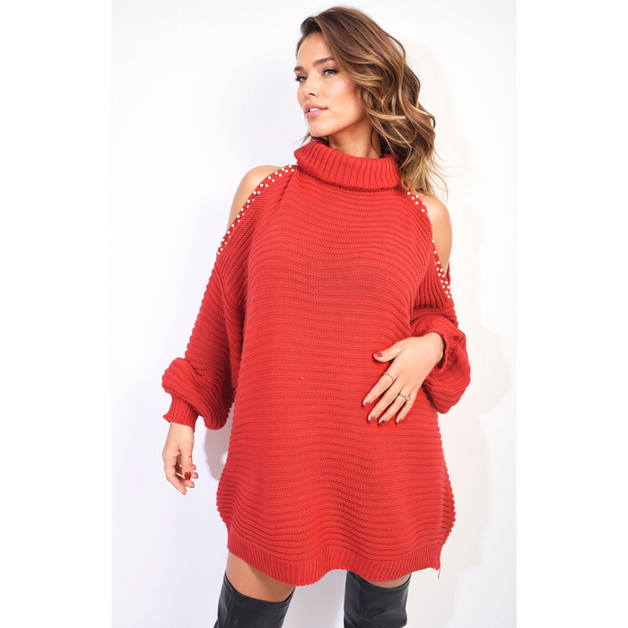 Ultra-Soft Oversized Knitted Jumper: High Neck, Open Shoulder - Stay Warm and Fashionable!