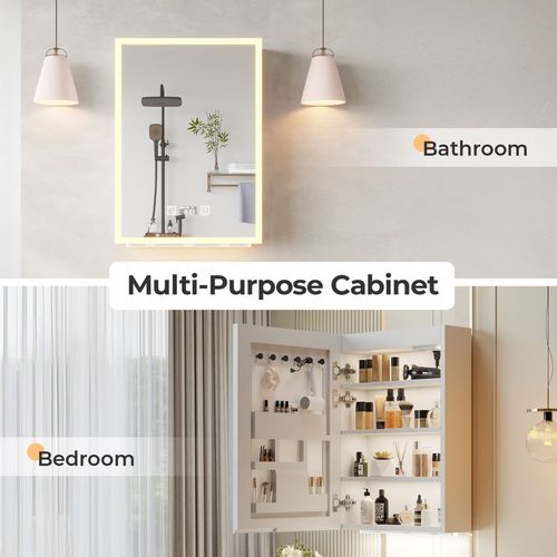 FCH White  LED Mirror Cabinet (20*28 inches),1 Door, 4 Shelves, with Time & Temperature Display, Three-color Lighting, Adjustable Brightness, Power-off Memory