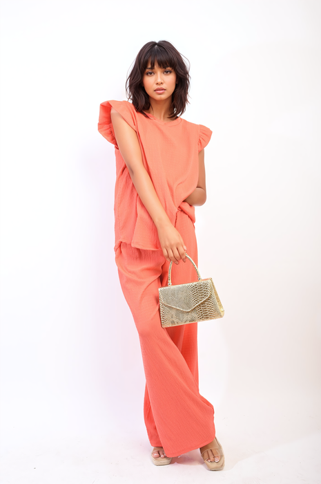 Effortlessly Elegant Ruffle Trim Top and Wide Leg Trouser Co-ord Set