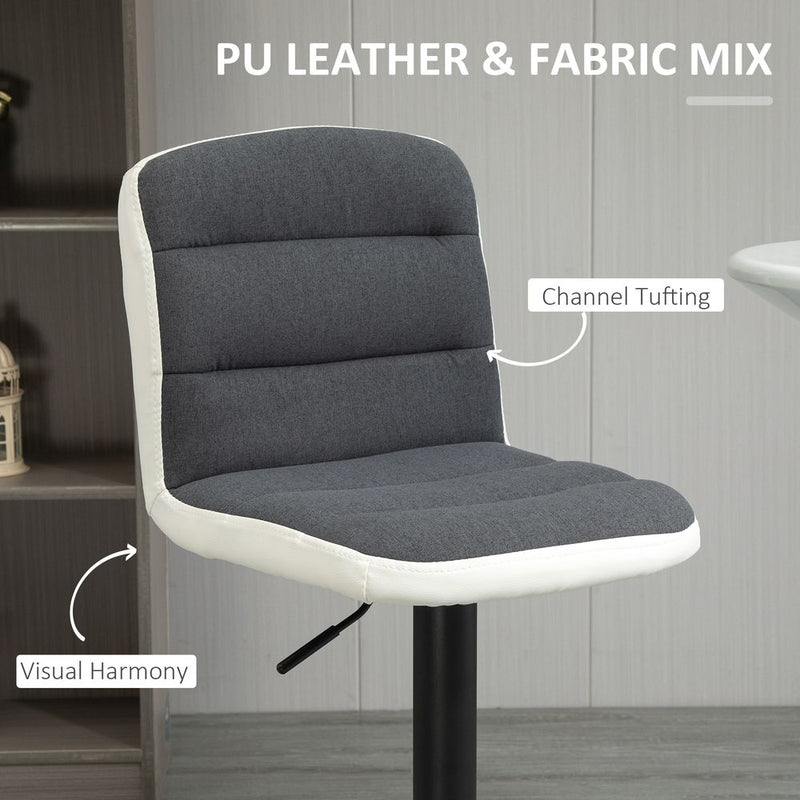 HOMCOM Bar Stools Set of 2, Height Adjustable Bar Chairs in Fabric and Faux Leather, 360° Swivel Kitchen Stool with Backrest and Footrest, Dark Grey