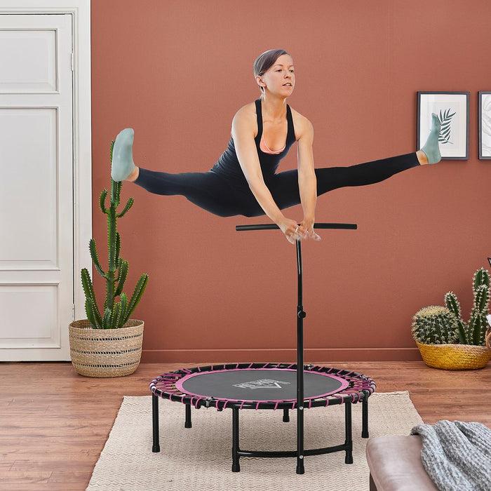 HOMCOM 45” Round Mini Fitness Trampoline Rebounder Indoor Outdoor Mini Jumper with Adjustable Handle - Pink